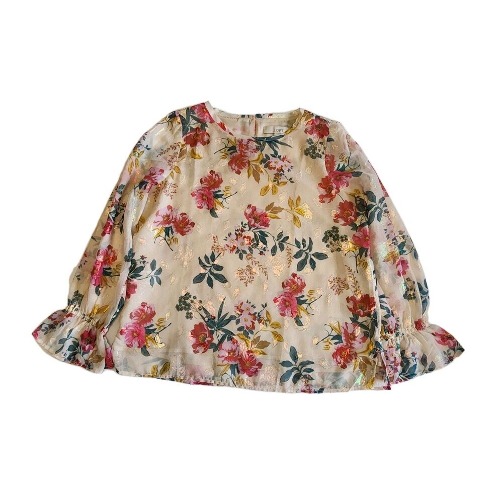 LOFT Petite S Blouse Golden Floral Print Metallic Accent Spring Summer Top